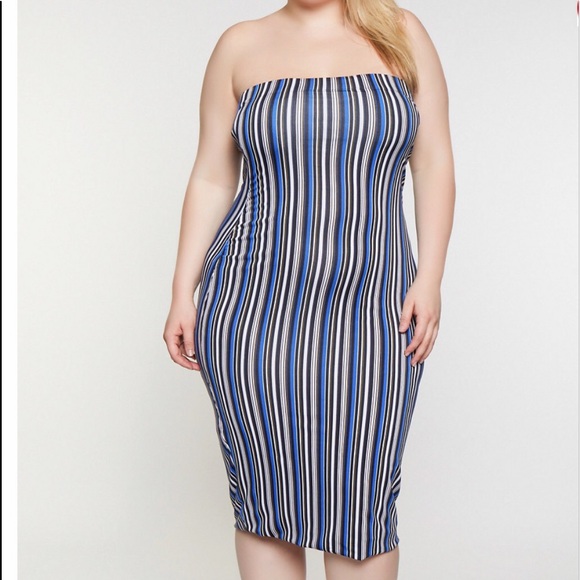 NEW•XL-2X•CURVES AHEAD BEAUTY IN BLUE SLIMMING STRIPED MIDI BODYCON DRESS - Picture 2 of 11